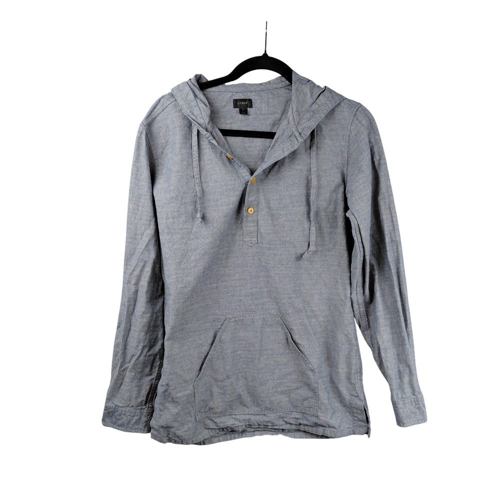 J.Crew Mens Small Blue Chambray Linen Hooded‎ Henley Pullover Kangaroo  Shirt